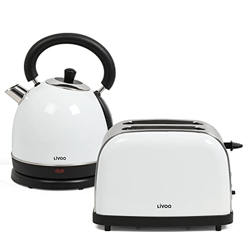 Frühstücksset Toaster Wasserkocher Vintage - Wasserkessel Retro Elektrisch Weiß 1,8 Liter 1800 Watt - 2 Scheiben Toaster…