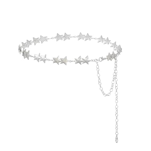 Silver Star Chain Belt Western Metal Belt for Women Punk Chain Belts for Dresses Jeans Waist Chain Belt Y2k Emo Body Jewelry(E)