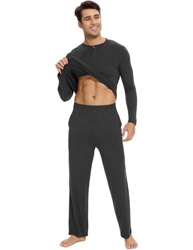 GYS Bamboo Viscose Men's Pajama Sets Long Sleeve Henley Neck Casual Sleep Set with Pockets4