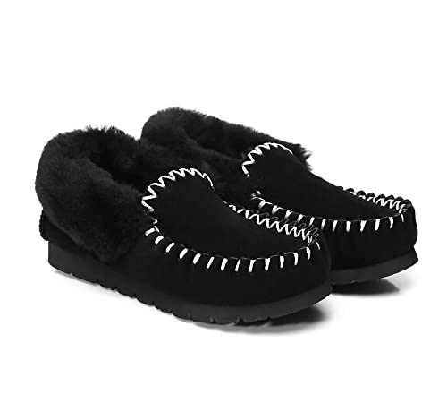 UGG Slippers Women Australian Premium Soft Sheepskin Wool Winter Home Cozy Slipper Popo Moccasin Shoes Black AU Ladies 8 / AU Men 6 / EU 39