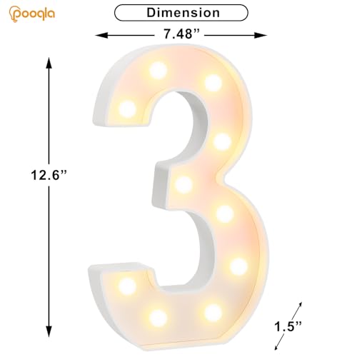 Image of Pooqla Large Light Up Numbers for 3rd Birthday Decorations, 12.6 in Tall White Plastic Marquee Numbers Sign Party Decorations, Gift for Girls Boys Night Light Wedding Anniversary Decor, Big Number 3