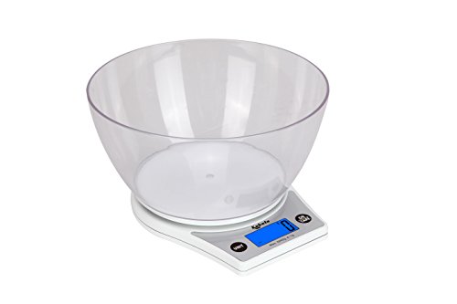Kabalo White Kitchen Scales with Bowl Household Food Cooking Weighing Scale 5kg Capacity 5000g/1g, Batteries Included! Flat Slim Design, Premier LCD