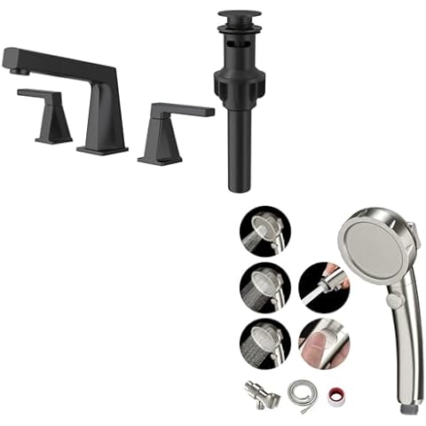 MIAOHUI Widespread Bathroom Sink Faucet (Matte Black) & MIAOHUI Shower Head with On Off Switch (Brushed Nickel) Cover