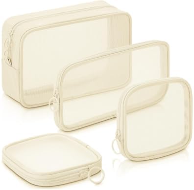 4-Piece Travel Cosmetic Storage Bag Set, Mesh Toiletry Organizer Pouches with Zipper, Clear Makeup Accessories Cases (Beige) image 4