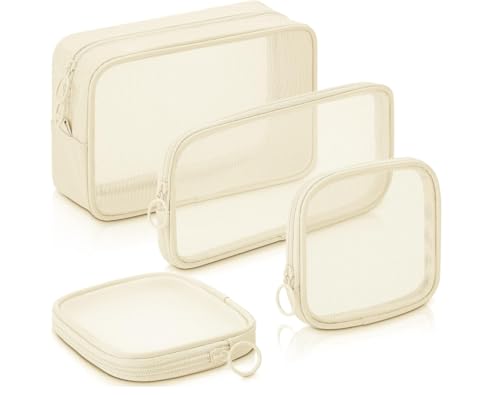 4-Piece Travel Cosmetic Storage Bag Set, Mesh Toiletry Organizer Pouches with Zipper, Clear Makeup Accessories Cases (Beige)