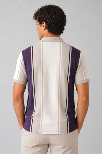 Image of SANE ORIGINALS Textured Polo T-Shirt for Men in Vertical Stripes || Old Money Polos for Men