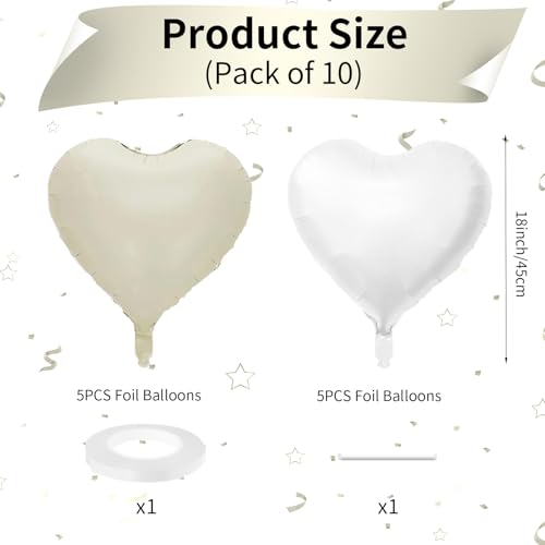 Image of Biapian Cream Heart Balloons, 18 Inch Sand White Heart Shape Balloons Foil, 10 Pcs Beige Heart Balloons and White Foil Balloons Helium for Valentines Day Boho Birthday Wedding Baby Shower Decorations