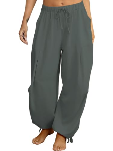 Image of Women's Linen Balloon Barrel Beach Pants Boho Harem Flowy Drawstring Casual Loose Pants with Pockets