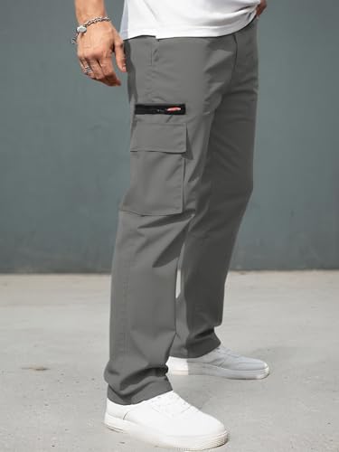 Mens Casual Cargo Pants - Lightweight Elastic Waist with Pockets Hiking Outdoor Darkgrey XX-Large