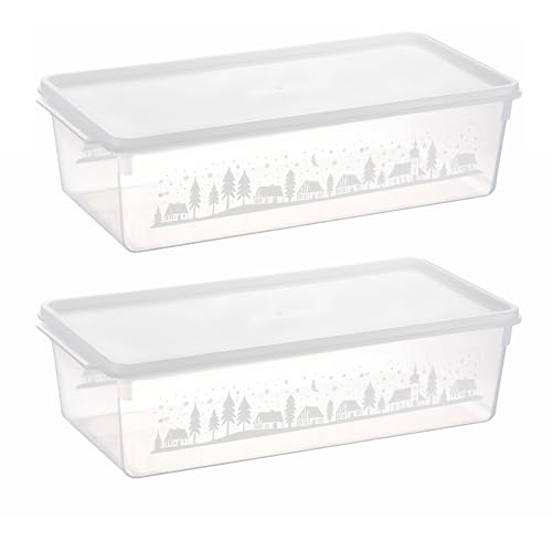 MiraHome Keksdosen 2er Set transparent mit Winterdorf-Design 5L – Rechteckige Plätzchendosen – Ideal als Keksdose für Weihnachten – Plätzchendose für die Weihnachtszeit