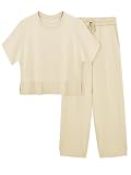 Fisoew - Conjuntos de 2 piezas para mujer, suéteres de punto, tops cortos divididos, pantalones de cintura alta, conjunto de salón, Beige, XL