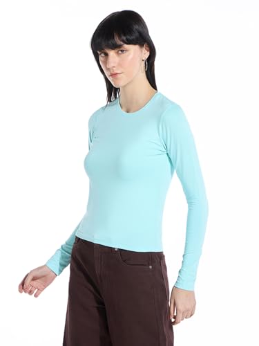Image of Bewakoof Women's Solid Slim Fit Full Sleeve Round Neck Cotton Lycra Blend Top