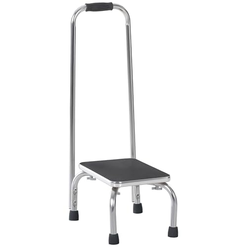 HOMCOM Marche avec Barre d'appui - marchepied de sécurité - Marche d'accès au Bain - Plateforme & Patins antidérapants - Acier galvanisé