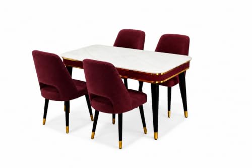 Image of WOODEN SPACE Majestic 4 Seater Wooden Dining Table Set | Urban Marble Top Dining Table with Chairs for Dining Room & Kitchen (Maroon Modern Vintage)