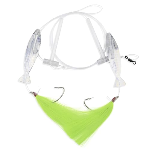 Aqua-Clear Hi-Lo Fishing Rig Teaser Lure, Chartreuse Hair, Silver Holographic Minnow, Saltwater Fishing Rig for Flounder Fluke Sea Trout Croaker, 3/0 Hook, 40lb Mono Leader
