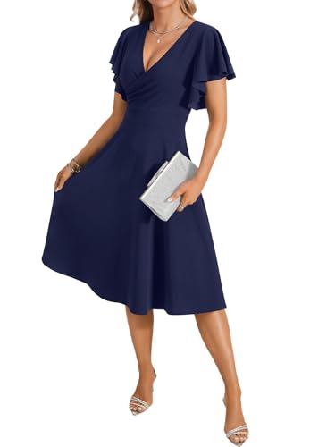 Image of LYANER Women's Warp V Neck Ruffle Short Sleeve A Line Swing Flared Cocktail Party Midi Dress
