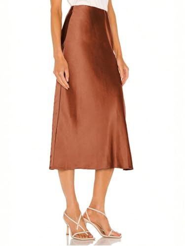 Trend Women's Summer Basic Skirt A-Line Satin Skirt Elegant High Waist Solid Color Slit Elastic for Beach3