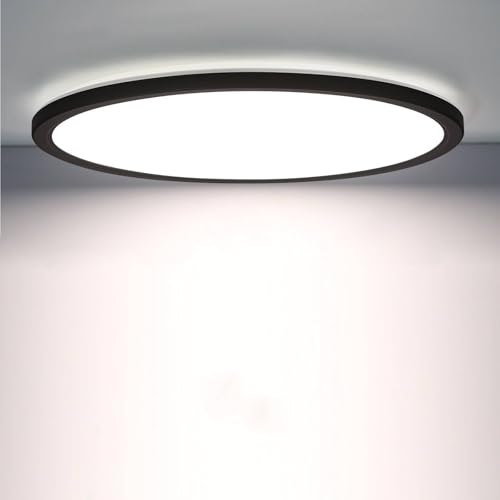 Epochglo Plafonnier LED Rond Ultra Plat avec Détecteur de Mouvement, 18W 1800lm 4000K, Ø22cm, IP44 Étanche – Lampe de Plafond Noire pour Couloir, Cave,...