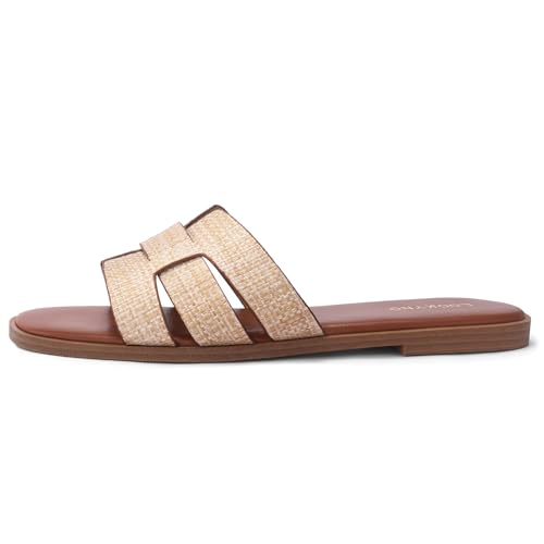 Image of Flat Sandals for Women Comfortable Slip On Dressy Summer Leather Slides with Square Open Toe