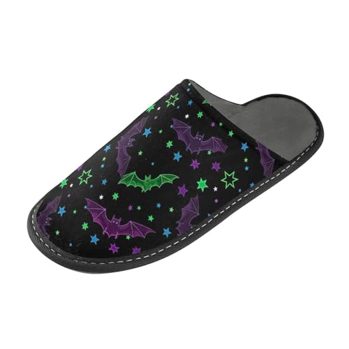 ODAWA Neon Bats Purple Green House Slippers for Woman Men, Winter House Slippers with Memory Foam Anti-Skid Sole Size 4-52