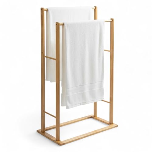 Toallero de pie portatil de Madera bambú con 2 Porta Toallas de Barras para baño, vestier.