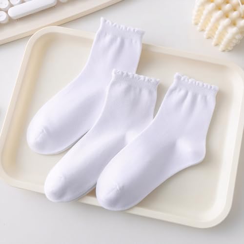 Girls White Ruffle Crew Socks for Little Kids Seamless Cotton Cute Princess School Uniform Socks 6 Pack 1-12Y4