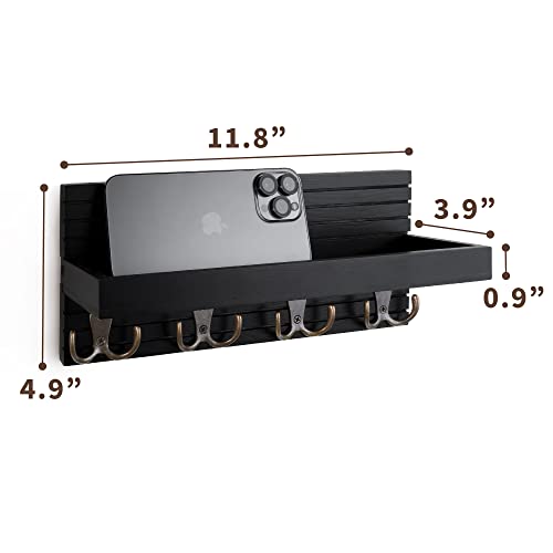 Naumoo Black Wooden Key Holder - Wall Mounted Mail Organizer And Key Hanger - Modern Farmhouse Entryway Shelf With 4 Double Brass Hooks - Decorative Rack For Car Keys, Wallet #TOP5