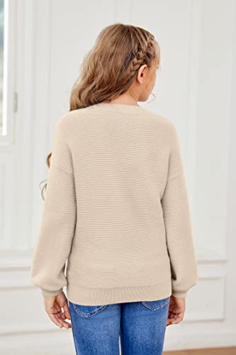 Imily Bela Girls Pullover Sweaters Kids Long Sleeve Drop Shoulder Sweaters Casual Boat Neck Knit Jumper Tops Apricot #TOP4