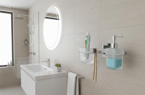 Image of Stainless Steel Toothbrush Holder with Glass Tumbler & Liquid Soap Dispenser Set - Wall Mounted 2-in-1 Bathroom Organizer, Chrome Finish (Square /Frosted Glass)