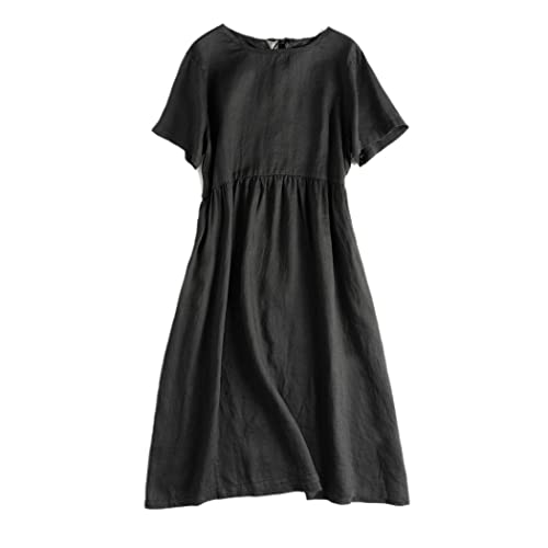 Robe d'été vintage en coton et lin avec poches de couleur noire