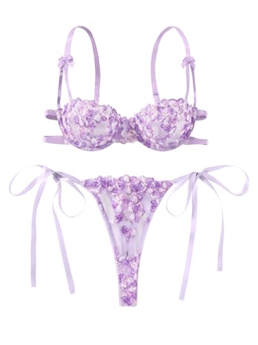 Image of Lilosy Sexy Tie Side Cute Underwire Push Up Strappy Embroidered Mesh Sheer Lingerie Set