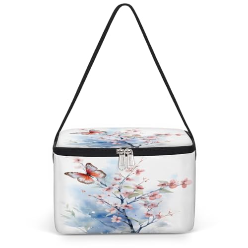GzLeyigou Japanese Cherry Tree Lunch Bags for Women Men 9 Cans, Hot & Cold Food Delivery Bag Insulated Grocery Bag Insulated Lunch Box Butterfly Cooler Bag for Office Work Picnic Beach
