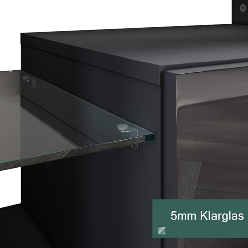 SONNI Lowboard Schwarz, TV Board Hochglanz, mit LED Beleuchtung, 12 Farben können eingestellt Werden, mit Klapptür, Glasregal, Griffloses Design, TV-Schrank, Fernsehtisch, TV-Regal, 140x35x50,5cm