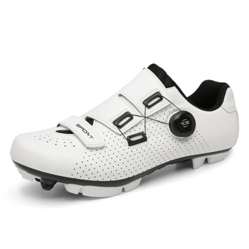 JiuQing Zapatillas De Ciclismo De Montaña Hombre Mujer Compatibles con Calas SPD De 2 Tornillos Incluidas para Ciclismo En Interiores Y Exteriores,Blanca,43 EU