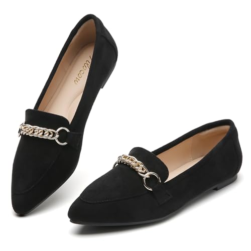 Image of Tilocow Metal Chain Loafers for Women Pointed Toe Slip on Flats Comfortable Fashion Work Shoes