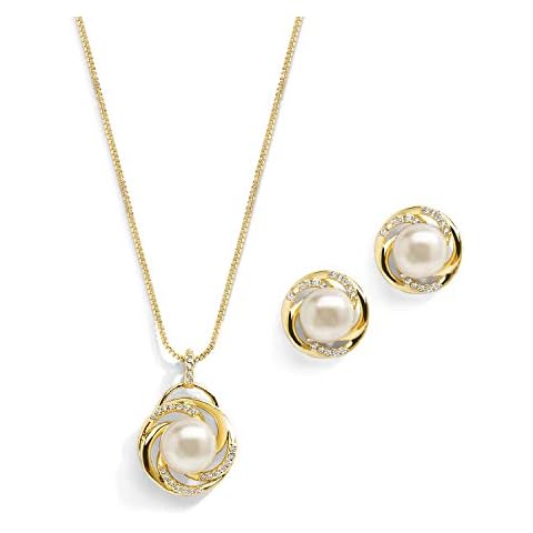 Mariell Freshwater Pearl Gold Wedding Necklace Earrings Set for Brides, Bridesmaids, Birthday Gift Cover