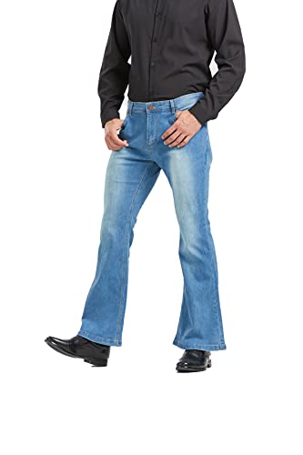 Image of Men's Relaxed Vintage 60s 70s Bell Bottom Stretch Fit Classic Comfort Flared Flares Retro Leg Disco Denim Jeans Pants