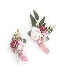 Ansofi Dusty Rose Wrist Corsage and Boutonniere Set Artificial Light Pink White Rose Flower Wristlet Band Bracelet and Men Boutonniere Set for Wedding Prom Homecoming Party Decor (2pcs)
