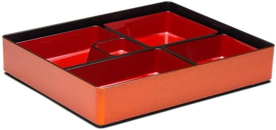 JapanBargain 1592, Red and Gold Japanese Traditional Plastic Lacquered Lunch Bento Box 5 Compartments for Restaurant or Home Tray and Plate 2pc Set Made in Japan, 11.75"x9.5" - Image 2