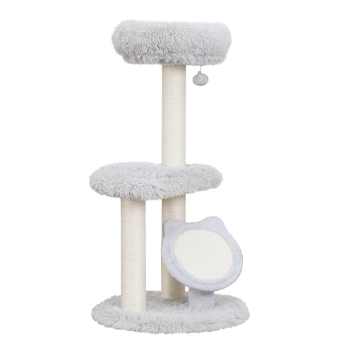 Petpals Rockview 3-Level Medium Cat Tree Tower with Sisal Scratching Posts, Sisal Scratching Pad and 2 Platform Shag Faux Fur View Perch, for Indoor Cats, Light Grey (Light Grey)