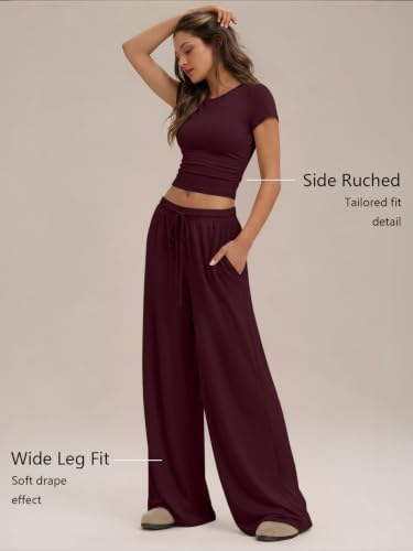 Image of Trendy Queen 2 Piece Matching Summer Lounge Set Womens Side Ruching Top Wide Leg Pants Sets with Pockets