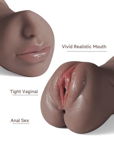 Image of 3 in 1 Pocket Pussy Male Masturbator, Adult Sex Toys with Real Mouth Tongue and Deep Throat, Sex Doll Male Blowjob Stroker with 3D Textured Vagina & Tight Anus & Drying Stick for Pleasure (Dark Brown)