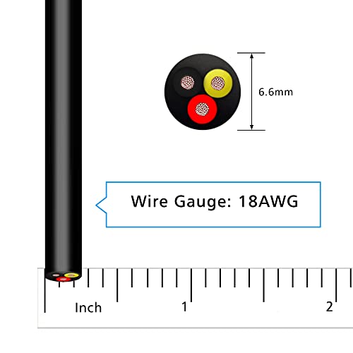 RVV Wire Cable Extension Cord Copper Wire 3 Conductor Standard 18awg Electric Cores 100ft Length Black (100ft 3core Blackwire)