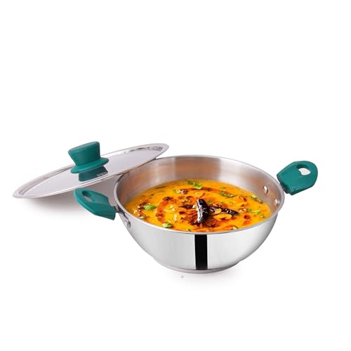 The Indus Valley Stainless Steel Kadai/Kadhai with Steel Lid | 20.7cm/ 8.1 inch, 1.6Ltr, 0.84kg | Induction Friendly | 3-Layer Thick Bottom, 100% Toxin-Free, No Chemical Coating