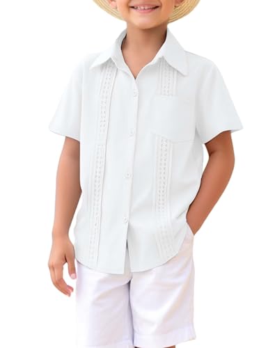 Image of Boys Guayabera Shirt Short Sleeve Button Down Casual Linen Shirt with Pockets for Summer Hawaiian Holiday 4-13Y
