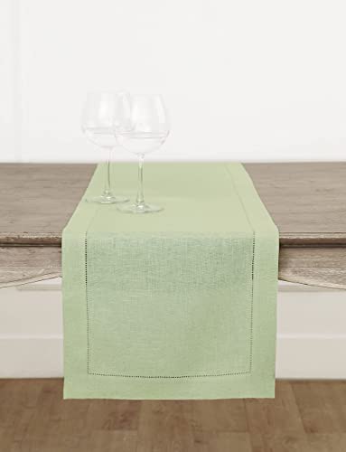 Solino Home Leinen Tischläufer - Salbeigrün 14 x 120 Zoll - Klassischer Hohlsaum, europäisches Flachs 100% reines Leinen - Handarbeit und Maschinenwaschbar Naturstoff Cover