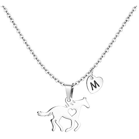 Jewenova Horse Necklace for Women Initial M Heart Charm Necklace Stainless Steel Dainty Horse Pendant Letter Necklace Jewelry Gifts for Women Horse Lovers, Silver Tone Cover