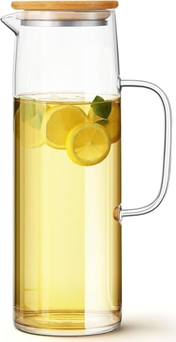SKY-TOUCH 1500ml Glass Pitcher : Hot/Cold Water Carafe with Handle and Bamboo Lid Water Jug for Fridge Tea Beverage Juice Milk Coffee