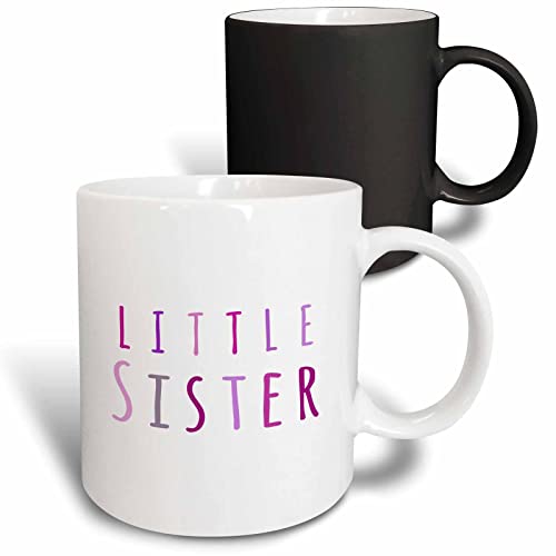 3dRose Little sister in pink - typography text design for siblings part of brothers and sisters sibling set 11oz Magic Transforming Mug