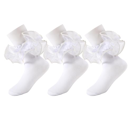 3 Pack Girls Frilly Ruffle Socks Cute Pearls Double Lace Sock,Turn Cuff Princess Dress Cotton Sock for Little Girls